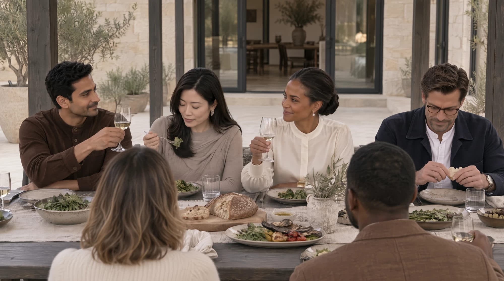 Two women talk over lunch at a long outdoor table