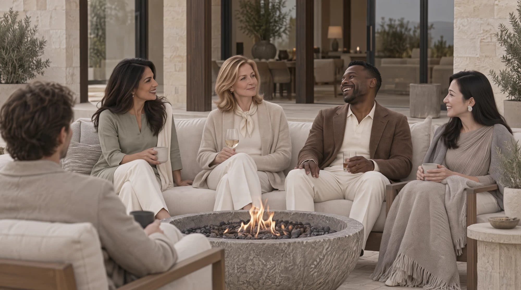 Five people of different generations talk around a stone fire pit on a terrace at dusk