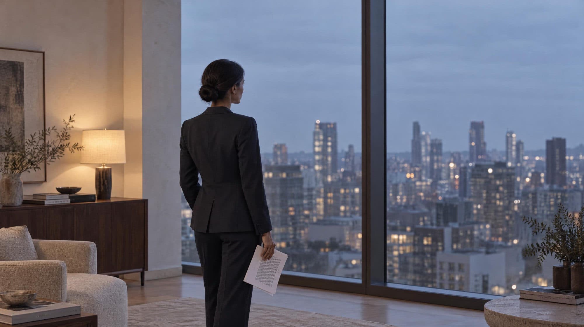 A woman in a dark suit holding a document, looking out over the city at night