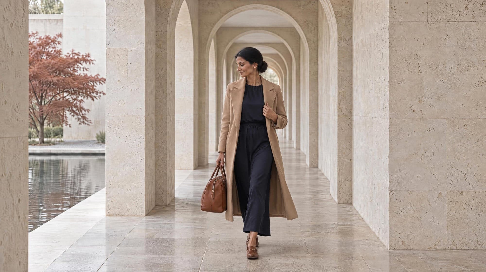 A woman in a camel coat walking through a sandstone colonnade, a leather bag in her hand