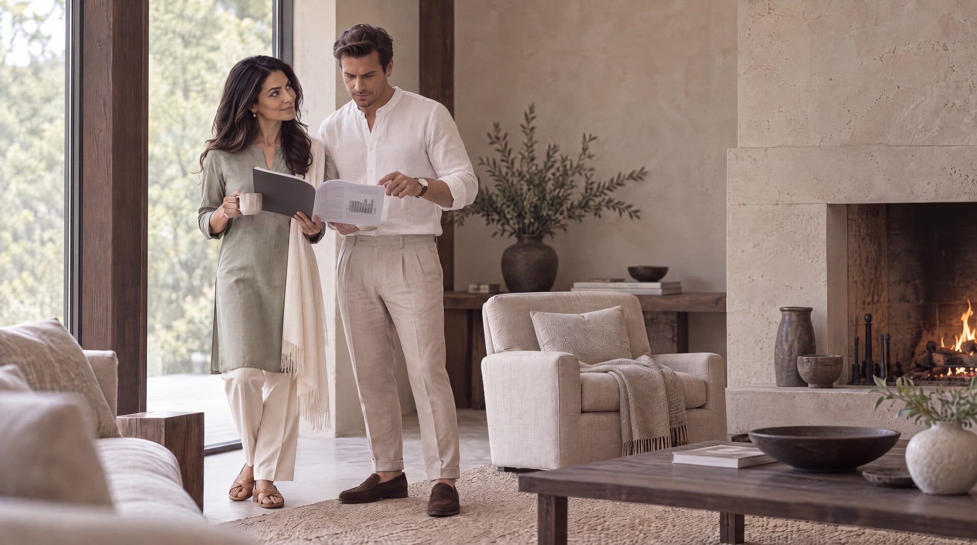A man and a woman read a printed report together, standing in a parlour beside a stone fireplace