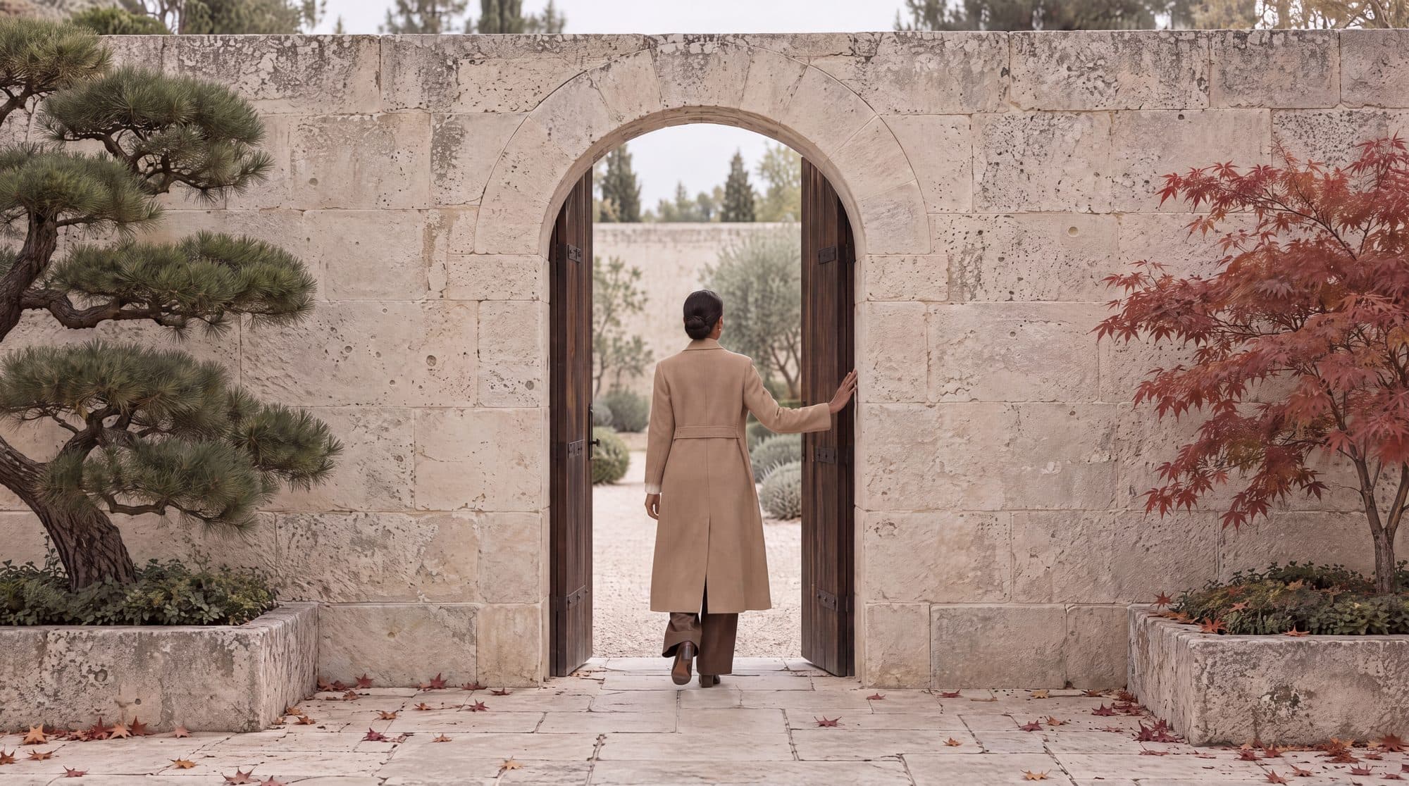 A woman in a camel coat pushes open a wooden door in a stone wall and steps into the garden beyond